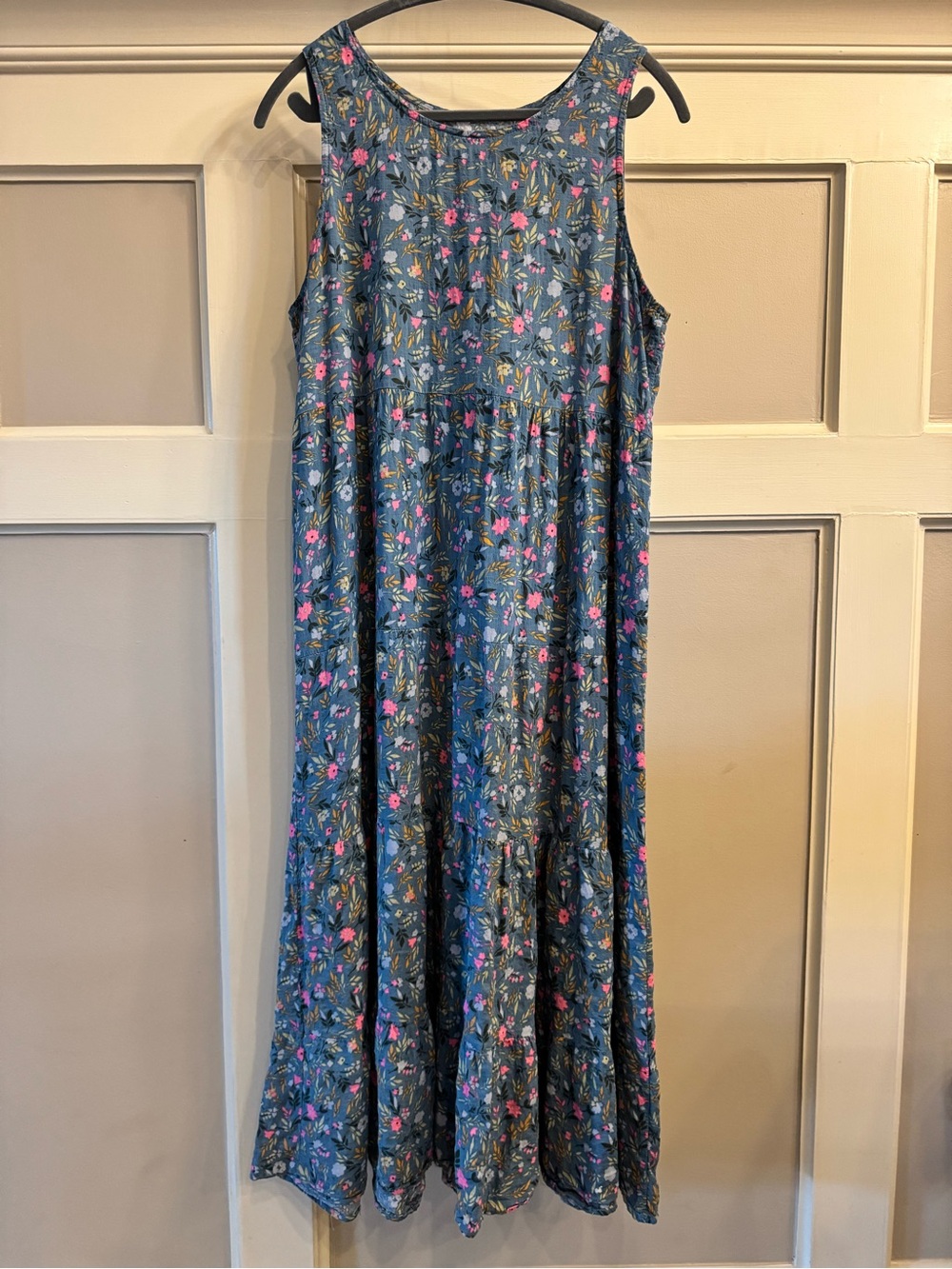 Sleeveless Blue Floral Maxi Dress with Pink Accents